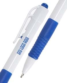 Caneta plástica azul com tampa e corpo transparente.
