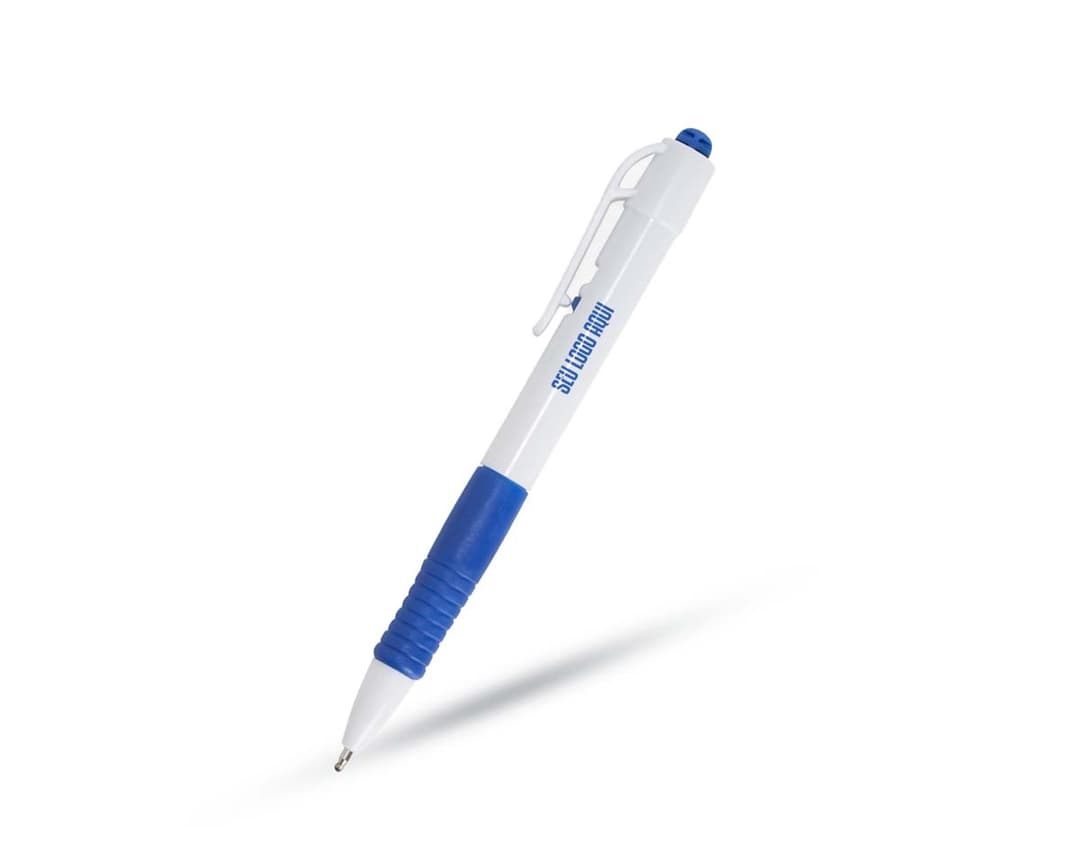 Caneta plástica azul com tampa e corpo transparente.