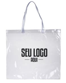 Sacola plástica transparente e elegante, com alça de couro e fecho de metal. Ideal para embalagem de presentes e compras em lojas de moda e acessórios. Moderna e prática, perfeita para o transporte de produtos e pertences de forma segura e estilosa.