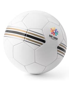 Bola de futebol em PVC preto e laranja, esférica, utilizada em competições esportivas.