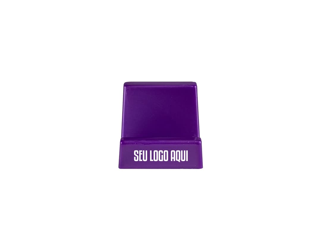Suporte para celular preto em formato de mesa, com ajuste de inclinação e rotação. O celular na imagem está posicionado na vertical.