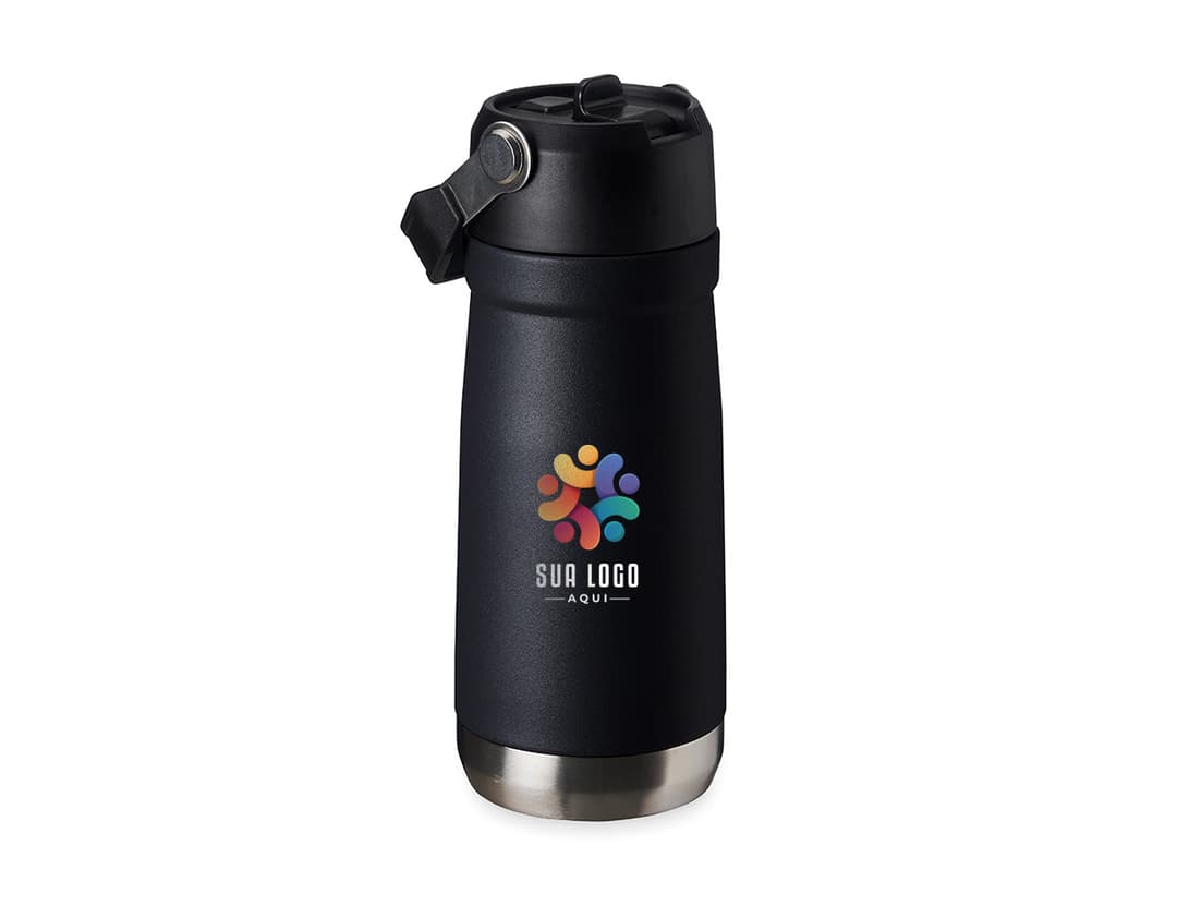 Garrafa térmica 550ml em aço inoxidável, na cor preta, com tampa rosqueável e alça emborrachada.