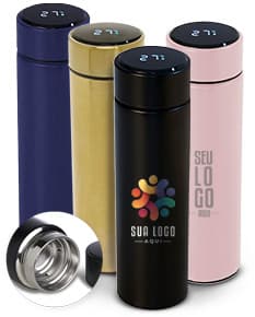 Garrafa térmica de 400ml com display LED mostrando a temperatura interna.