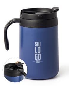 Caneca térmica de 500ml em aço inox com tampa e alça.