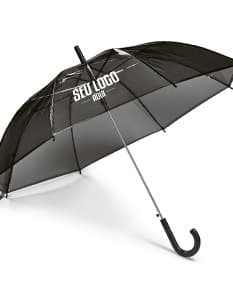 Guarda-chuva em POE na cor transparente com cabo preto, aberto em um ambiente iluminado.