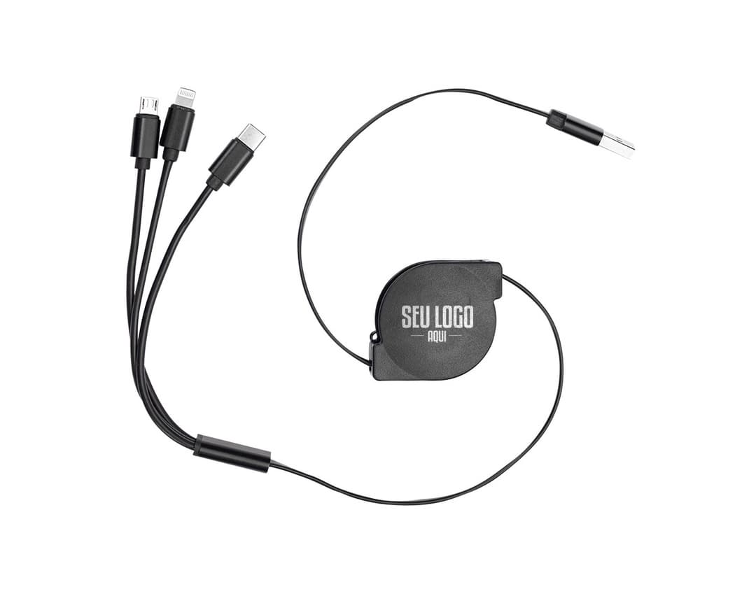 Cabo USB retrátil 3 em 1 em cores preta e branca, mostrando a versatilidade do produto.