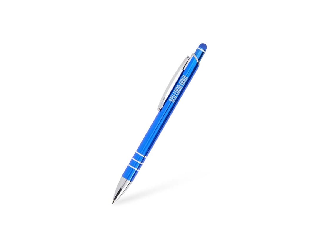 Caneta Metal Touch em cor preta, com detalhes cromados e ponta touchscreen na parte superior.