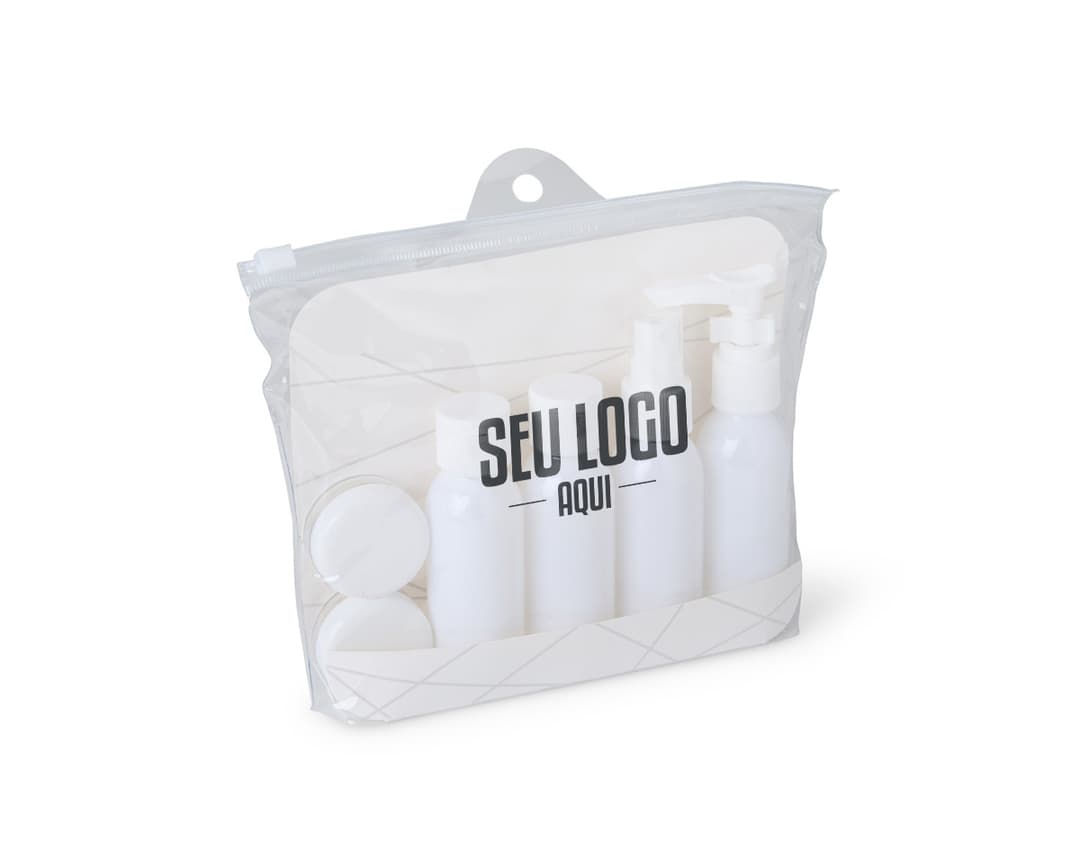 Kit viagem plástico 6 peças em diferentes tamanhos e cores.