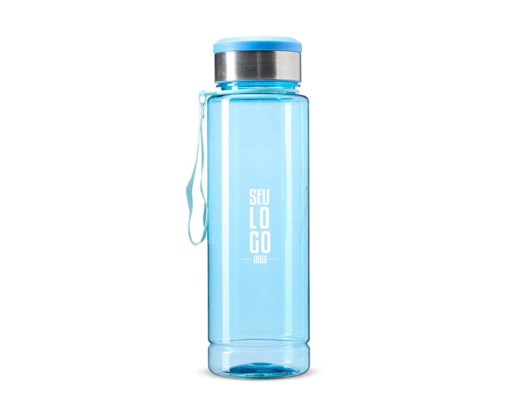 Garrafa plástica transparente com capacidade de 950ml e com compartimento para armazenar comprimidos integrado à tampa.