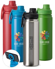 Garrafa térmica de aço inoxidável com capacidade de 750ml.