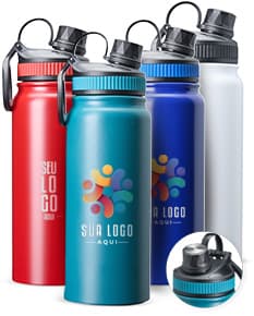 Garrafa Térmica 650ml de cor prata, com tampa rosqueável e alça para transporte.