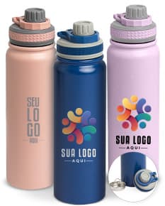 Garrafa Térmica 850ml em aço inoxidável na cor prata, com tampa rosqueável e alça para transporte.