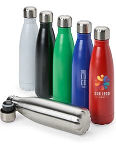 Garrafa Térmica Inox 500ml na cor prata, isolada em fundo branco.