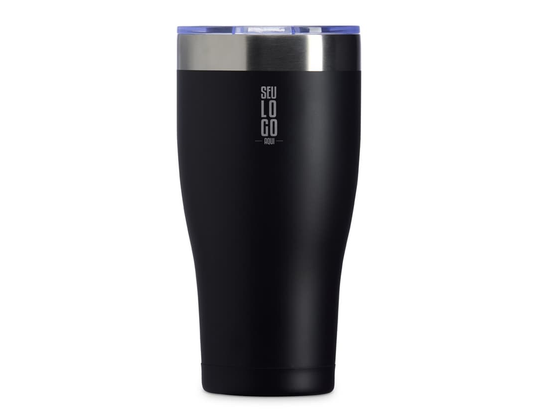 Copo térmico de 880ml em cor branca, com tampa e alça, ideal para manter a temperatura de bebidas quentes ou frias por mais tempo.