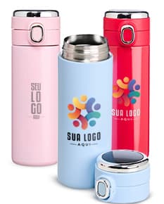 Garrafa Térmica em Inox 400ml na cor prata, com tampa e alça de transporte.