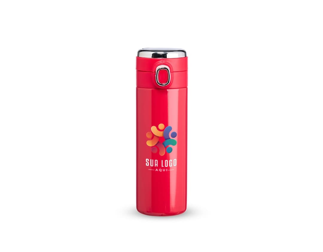 Garrafa Térmica em Inox 400ml na cor prata, com tampa e alça de transporte.