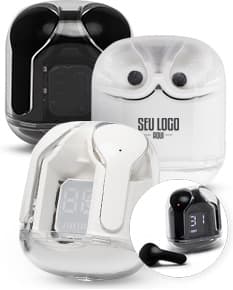 Fone de ouvido Bluetooth com case preto e elegante em fundo branco.