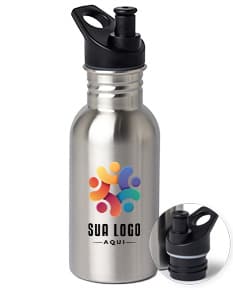 Squeeze Inox 550ml transparente e de metal, com tampa e corpo de aço inoxidável. Ideal para armazenar líquidos, como água, sucos ou chás, mantendo a bebida fresca e saudável.