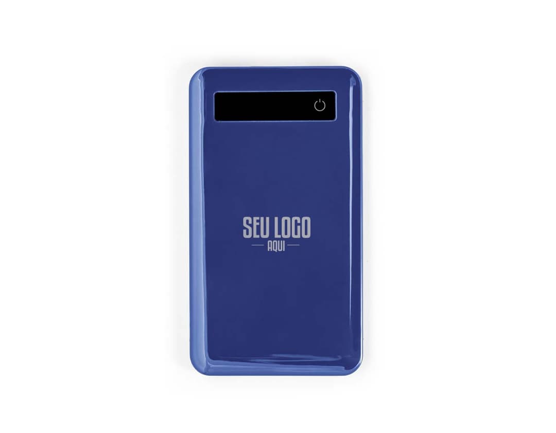 Bateria portátil com ecrã touch preto e prateado, tecnológico e moderno. Ideal para recarregar dispositivos móveis e se conectar de forma segura e fácil. Perfeito para uso em escritórios e ambientes corporativos.