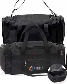 Bolsa de nylon preta com alça de couro, zipper e fivela. Moderna e elegante, ideal para compras e viagens. Único compartimento de 23 litros, com bolsos internos e externos. Elegante e prática, combina estilo e funcionalidade.