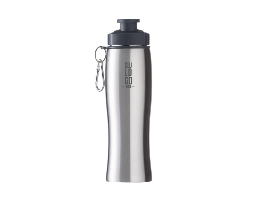 Squeeze Inox 750ml, em metal prateado, com tampa de plástico preto e detalhes em aço inoxidável. Equipamento de higiene e saúde, clean e shiny, com capacidade para líquidos, shape elegante e capacidade de spray.