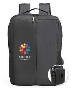 Mochila de poliéster preta de 21 litros, moderna e elegante, ideal para viagens de negócios, com alça de couro, fecho de zíper e compartimento para laptop.