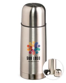 Garrafa Térmica Inox 500ml de cor prateada, com tampa rosqueável e alça para transporte.