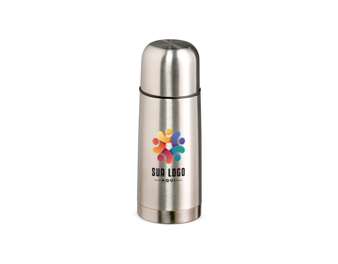 Garrafa Térmica Inox 500ml de cor prateada, com tampa rosqueável e alça para transporte.