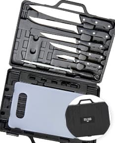 Kit Churrasco 7 Peças em aço inoxidável com maleta de transporte.