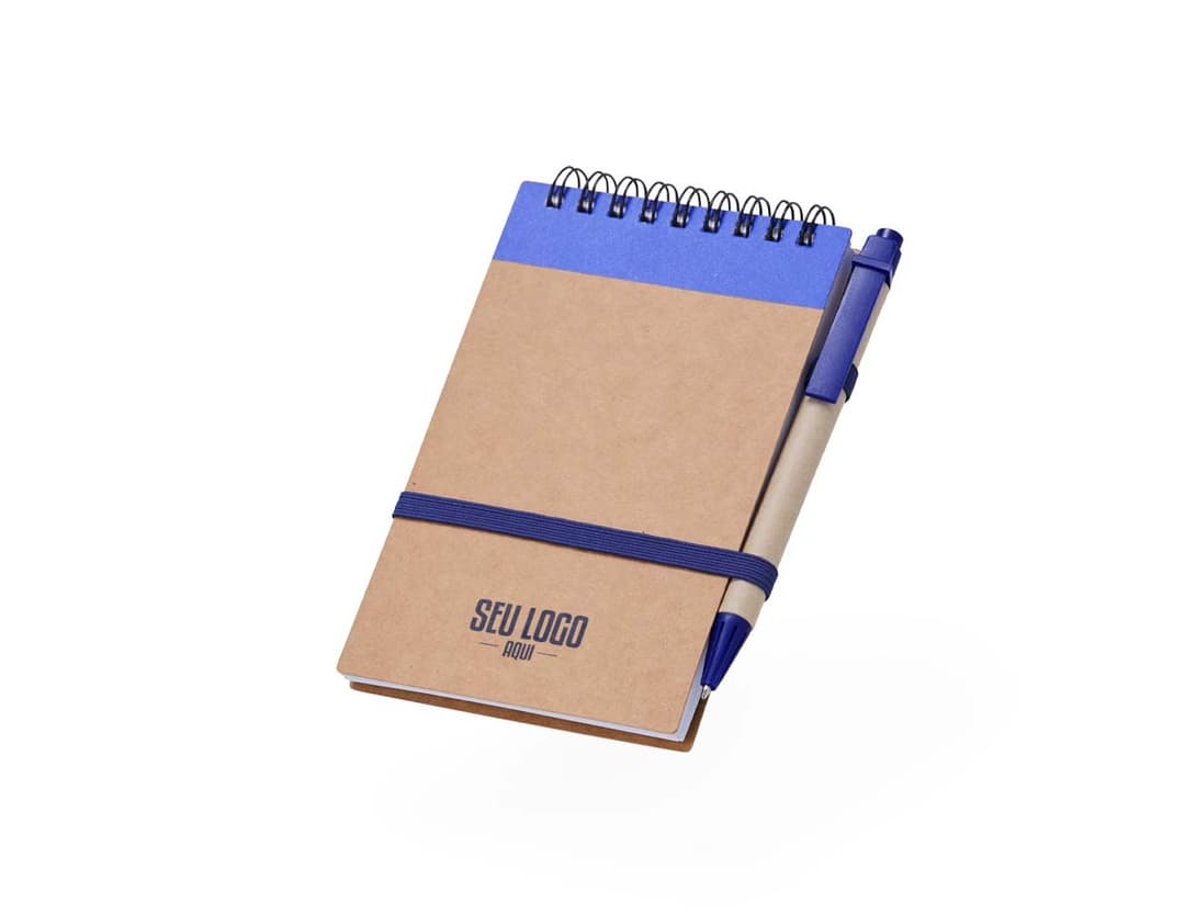 Bloco de anotações ecológico com capa de papelão marrom e elástico vermelho.