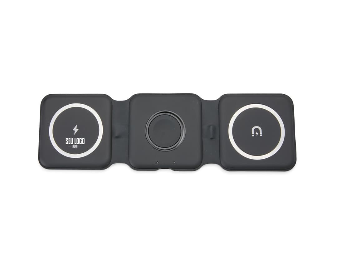 Carregador via Indução 3 em 1 em cor preta, com base para celular e smartwatch integradas.