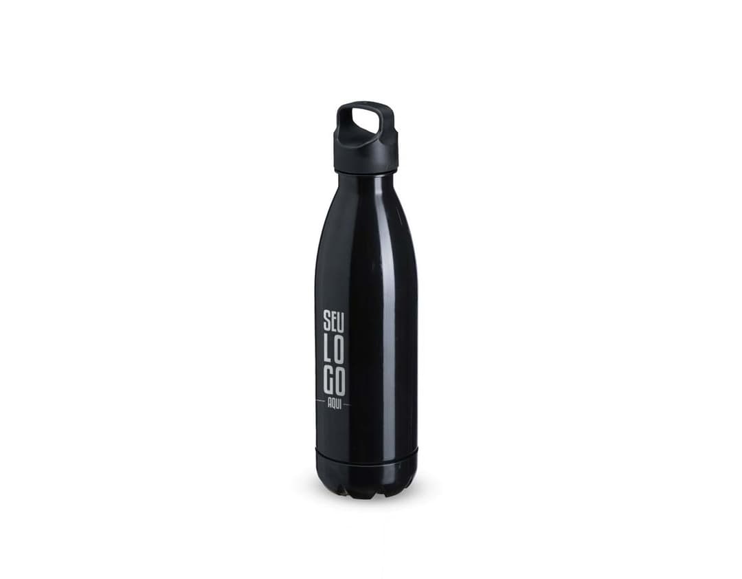 Garrafa Plástica 680ml transparente com tampa de rosca azul.