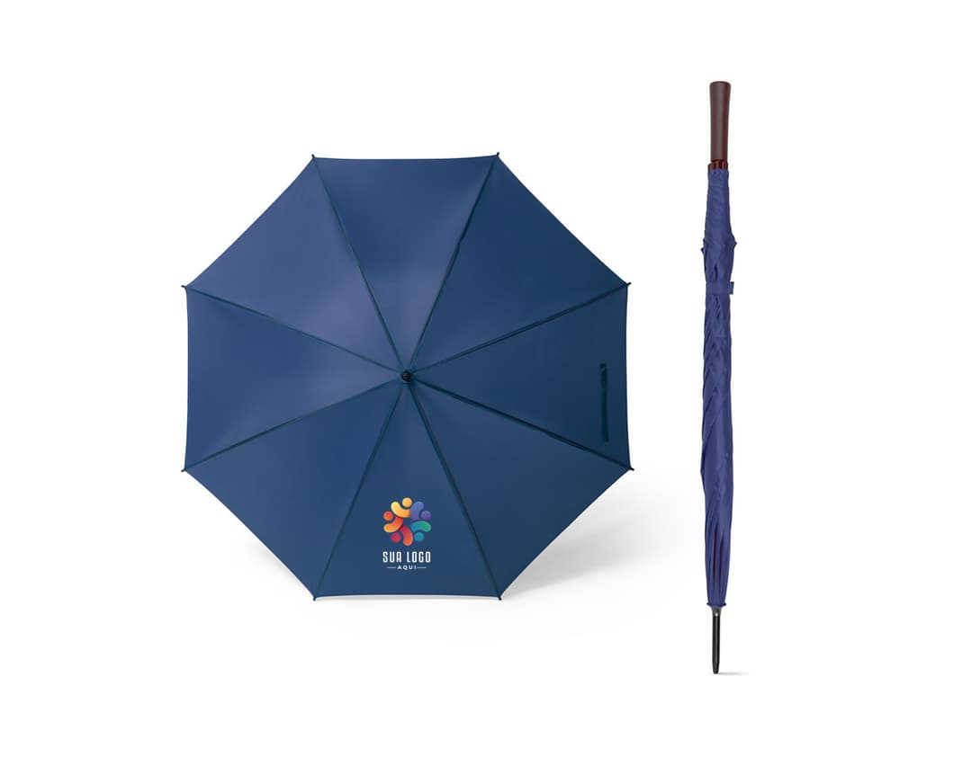 Guarda-chuva em poliéster 190T na cor azul, dobrado e fechado sobre fundo branco.
