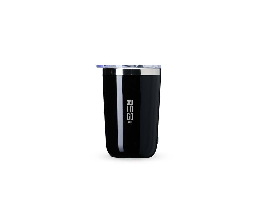 Copo com Misturador 300ml em cor azul transparente, com tampa de rosca e misturador interno.