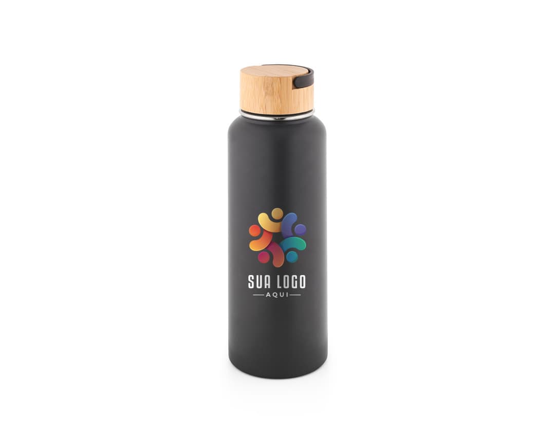 Squeeze térmico em aço inox com tampa de rosca e design elegante.