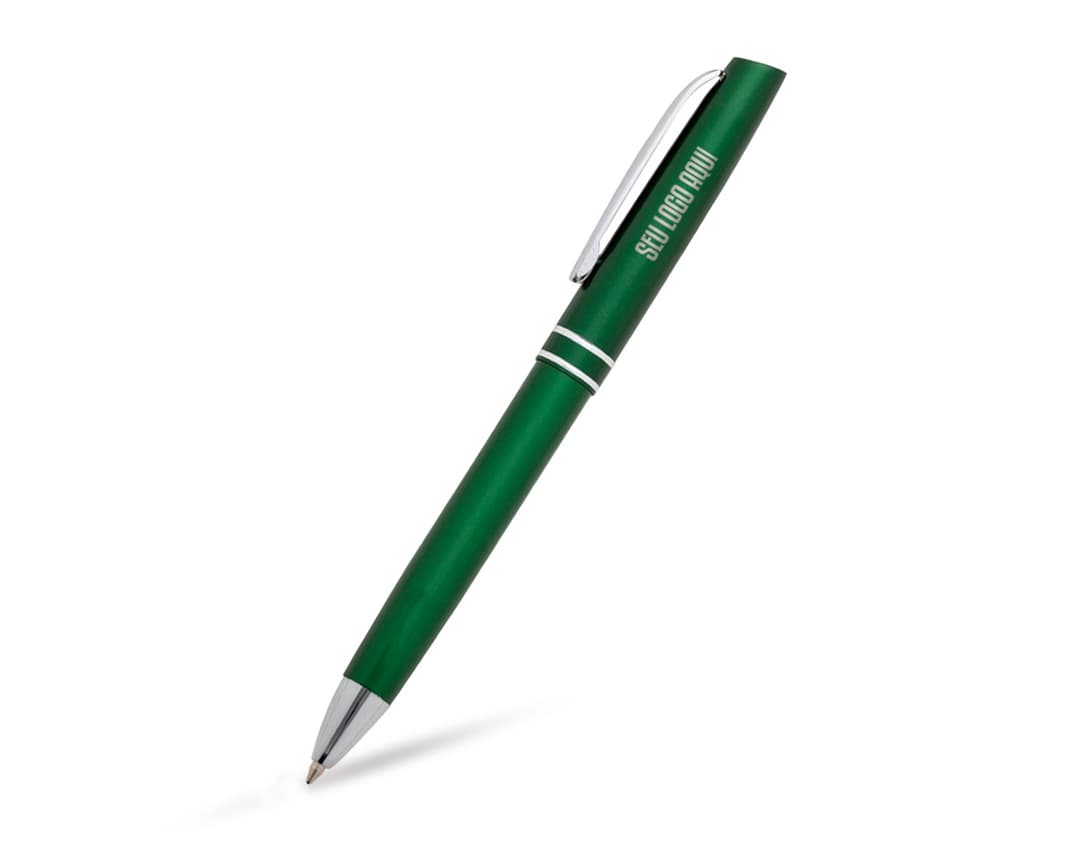 Caneta semimetal na cor prata, em destaque sobre um fundo branco.