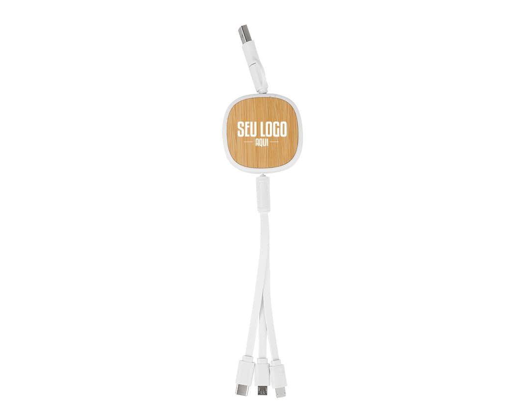 Cabo para carregamento 3 em 1 em cores preta, branca e rosa, com conectores USB, micro-USB e Lightning.