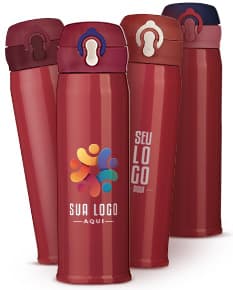 Garrafa térmica inox 400ml com design colorido e brilhante. A imagem mostra um objeto de metal, vazio, com capacidade para líquidos. Foco em higiene e saúde, ideal para manter bebidas quentes ou frias por mais tempo. Ideal para presentes e celebrações.