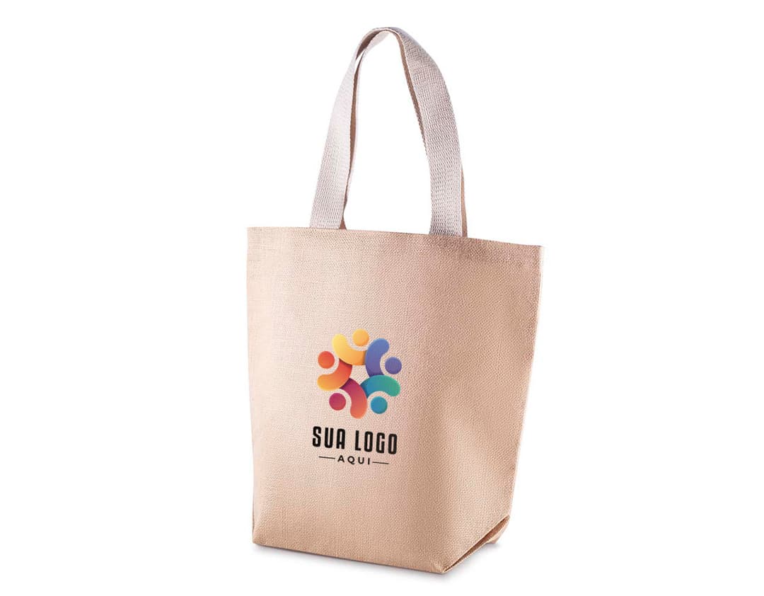 Sacola ecológica em juta marrom, moderna e elegante, com alça de couro e fecho de zíper. Ideal para compras no shopping ou como acessório fashion.