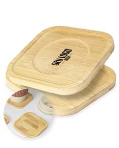 Kit Porta-Copos Bambu em quatro peças, feito de material sustentável com design elegante e cores neutras.