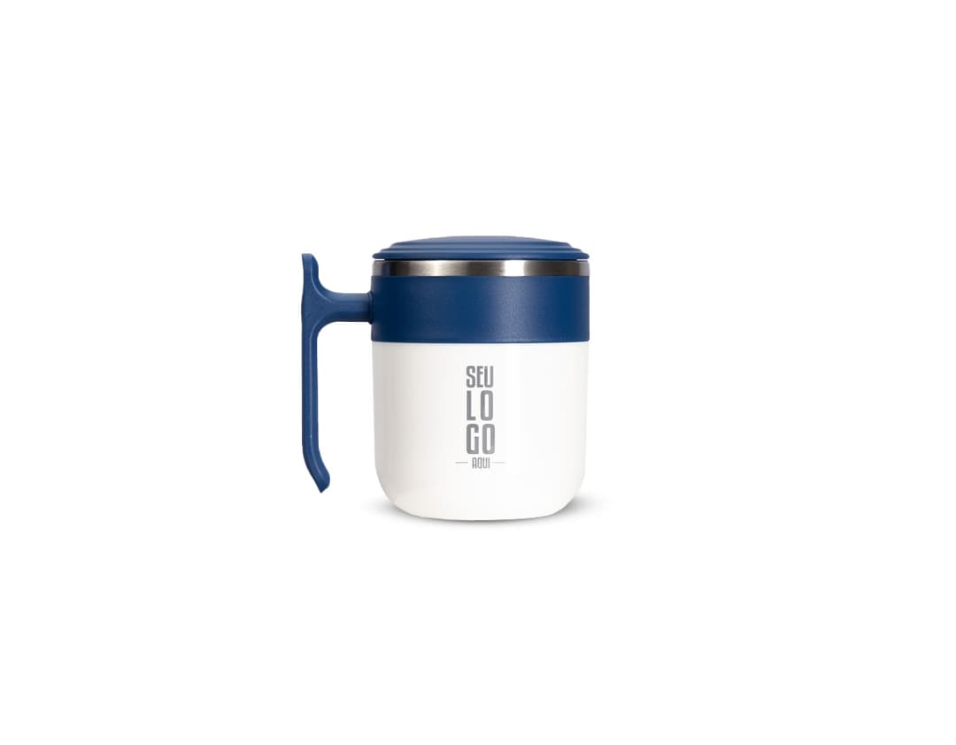Caneca Inox 350ml em fundo branco, feita de aço inoxidável com capacidade para 350ml e alça ergonômica.