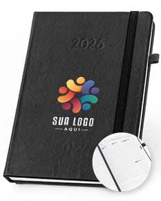 Agenda B5 em PU 2026 em cores cinza e preto, com fechamento de elástico e detalhe dourado na capa.