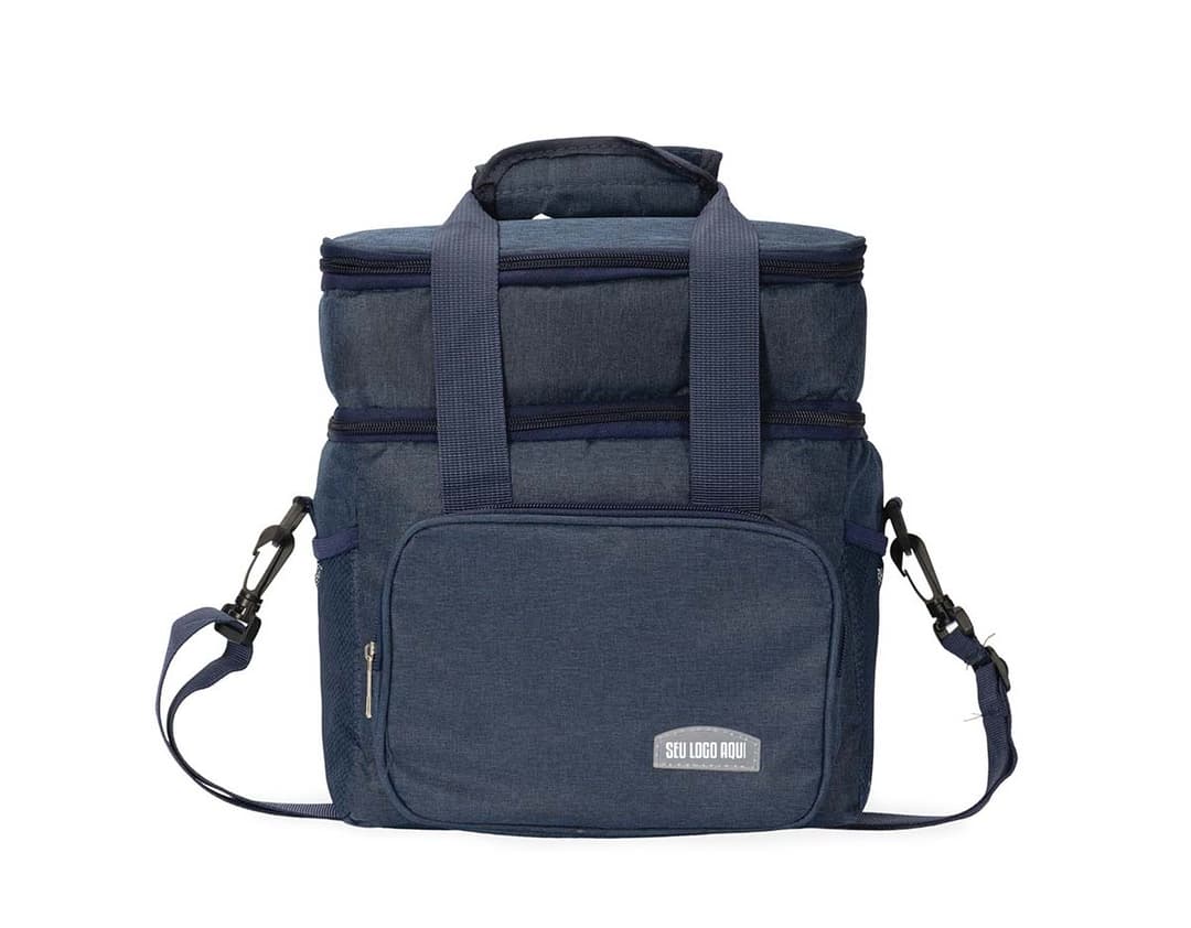 Bolsa Térmica de 10 litros em cor azul, com alça ajustável e zíper na parte superior.