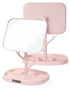 Espelho de Mesa Plástico branco com base de plástico e tamanho médio.