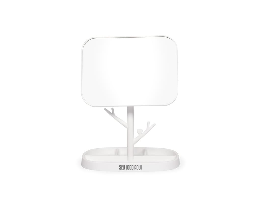 Espelho de Mesa Plástico branco com base de plástico e tamanho médio.