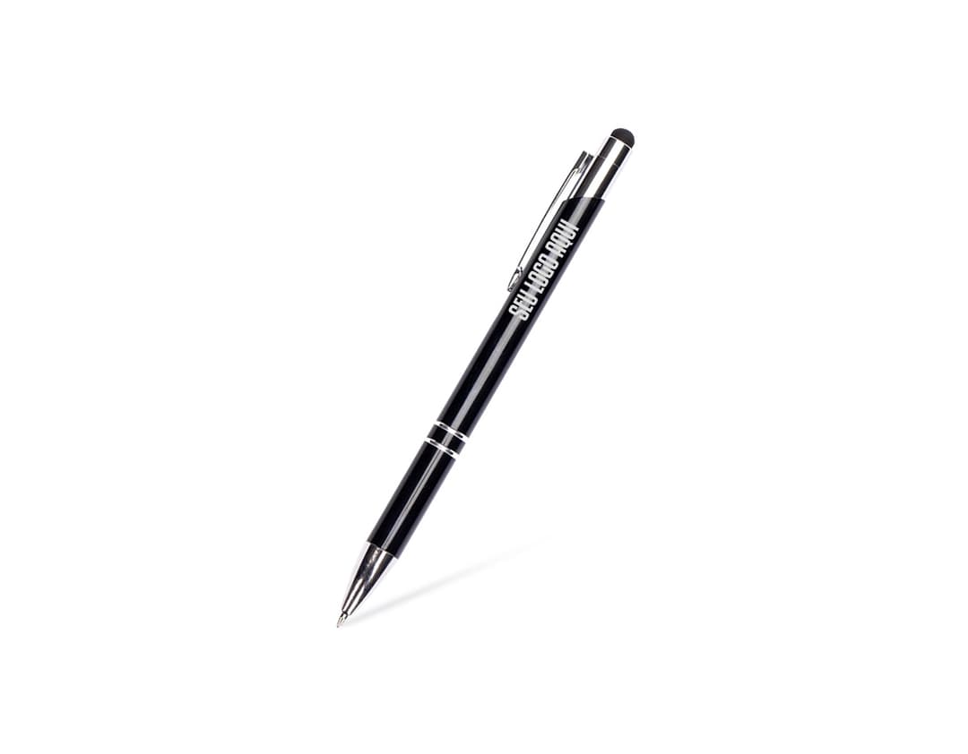 Caneta metal touch em cor prata com detalhes em preto e ponta touch screen.