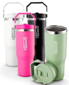 Copo térmico de 800ml em aço inoxidável preto com tampa de rosca e alça.