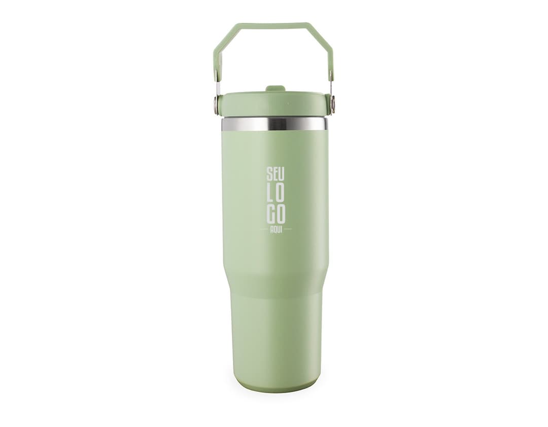 Copo térmico de 800ml em aço inoxidável preto com tampa de rosca e alça.