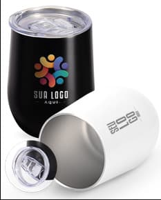 Copo Térmico 300ml na cor branca com tampa e detalhes em azul.