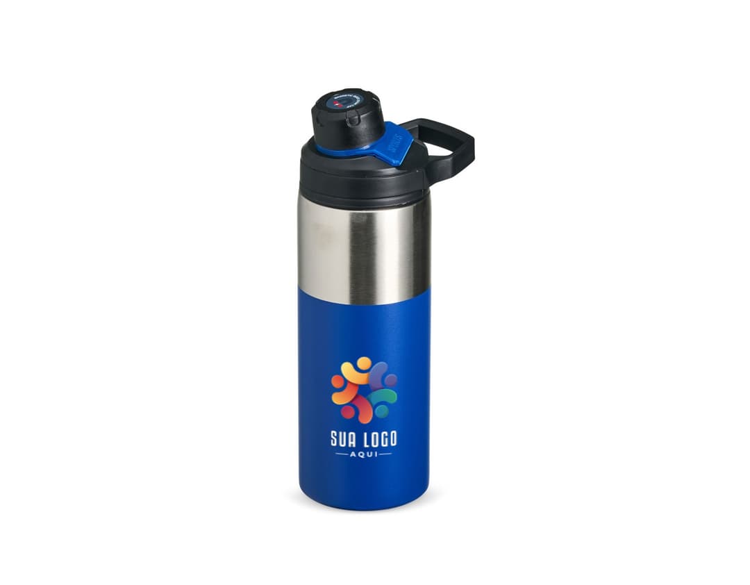Garrafa térmica 550ml na cor verde com tampa de rosca e alça para transporte.